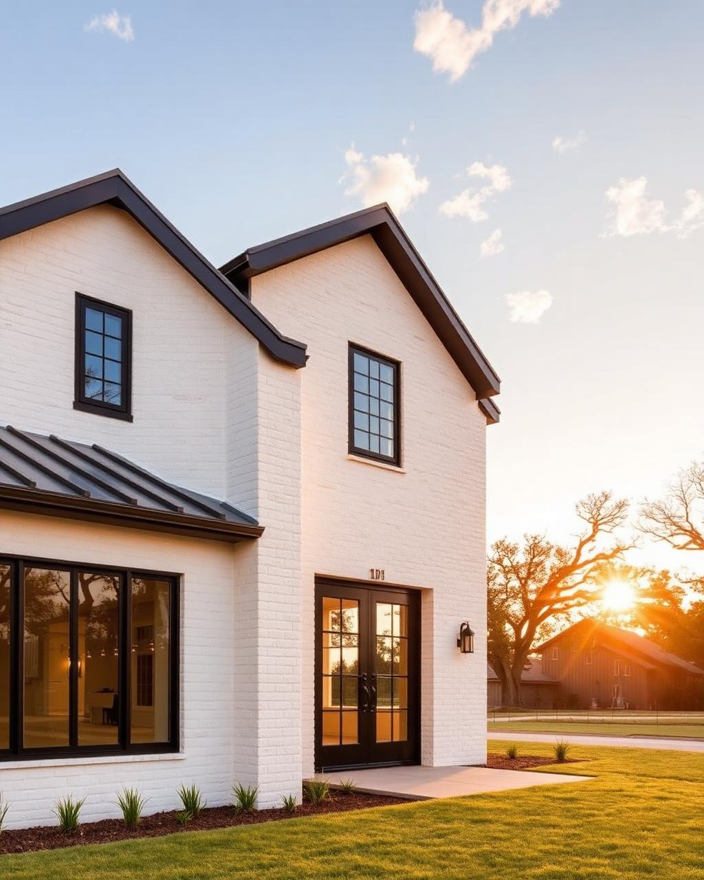 Modern farmhouse new construction home in Northlake and Argyle, TX at golden hour